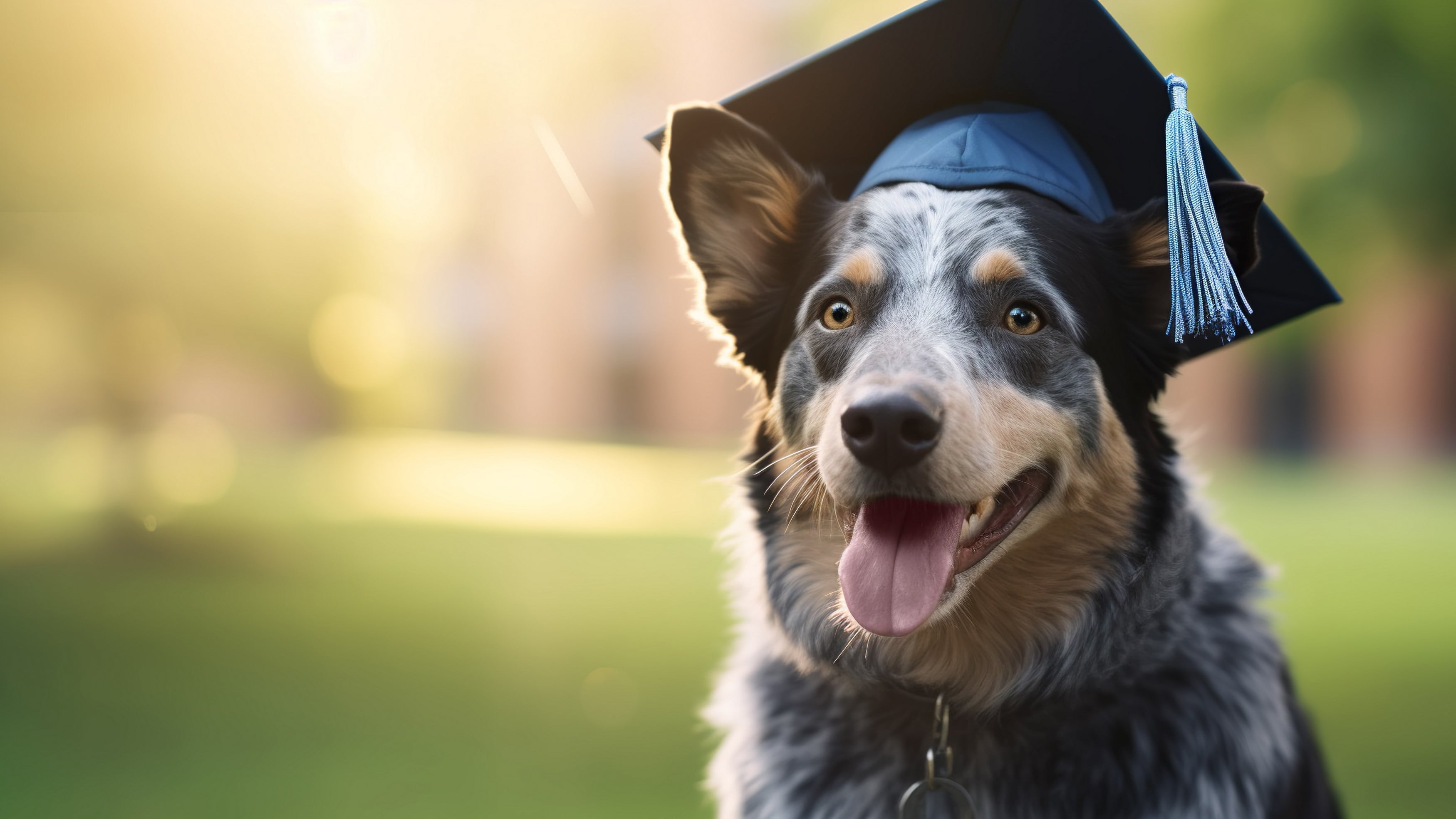 Happy smiling blue heeler or Australian cattle dog wearing university graduation hat.